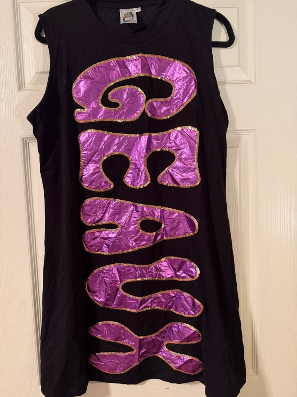 QOS Black Sleeveless dress with Metallic Purple Graphic